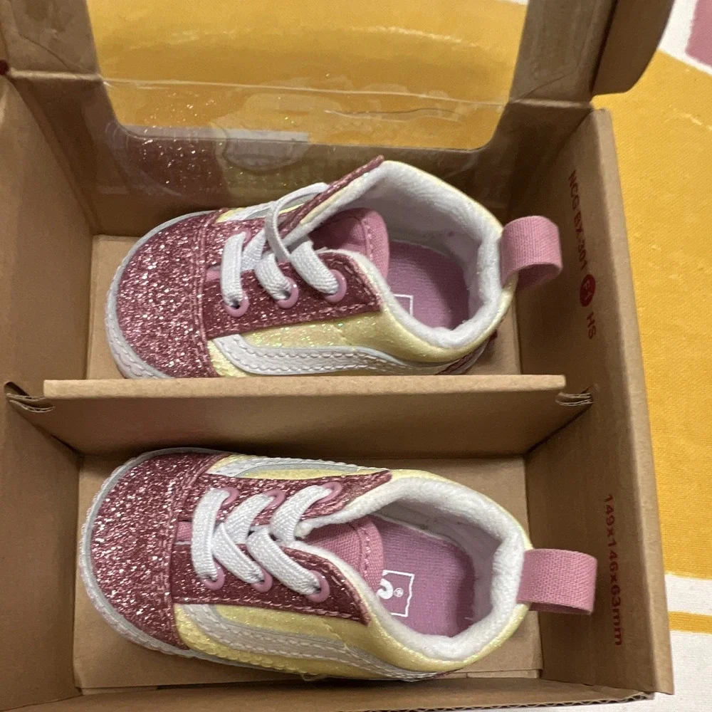 VANS Old Skool Crib Glitter Pink/Yellow/White Lace Up US 2 EU 17 MPN